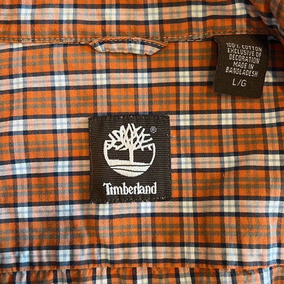 Timberland Plaid Orange Navy Buttoned Shirt Large - Picture 8 of 8